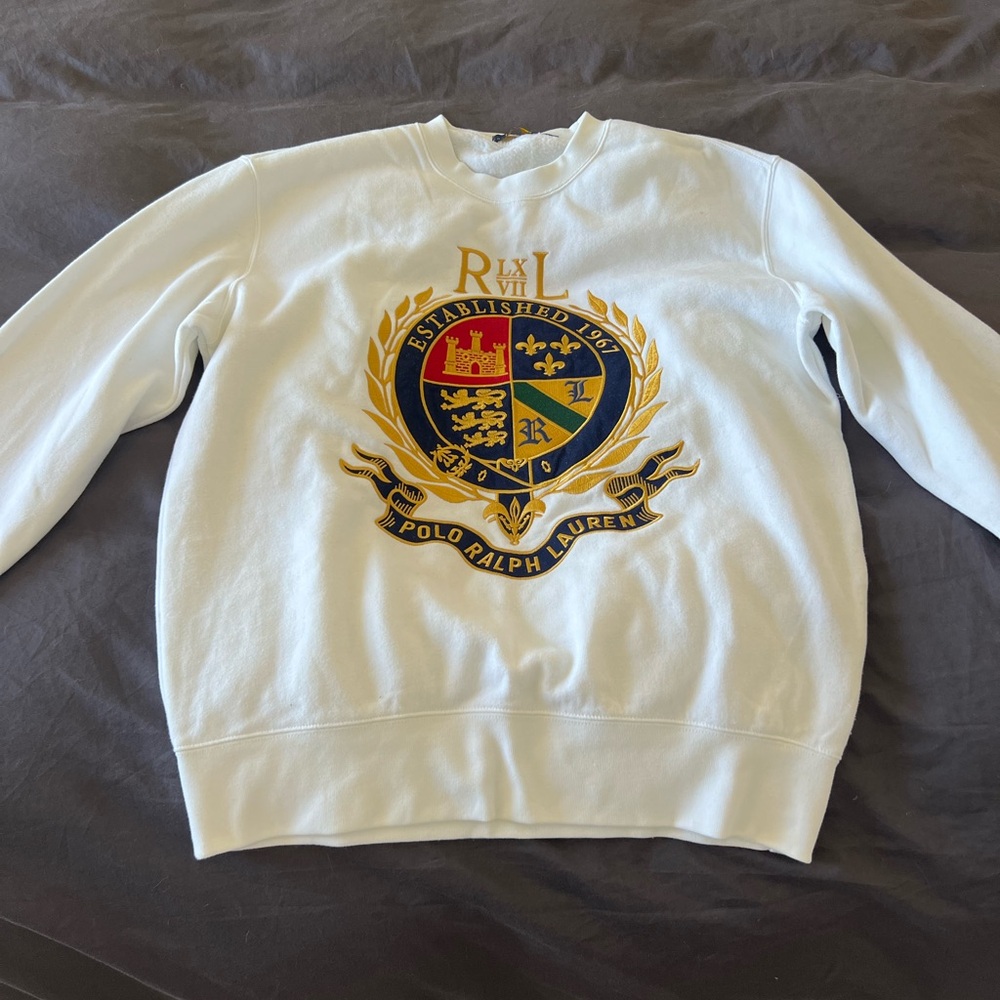 Ralph Lauren White Crewneck Sweater with Gold and Blue Crest